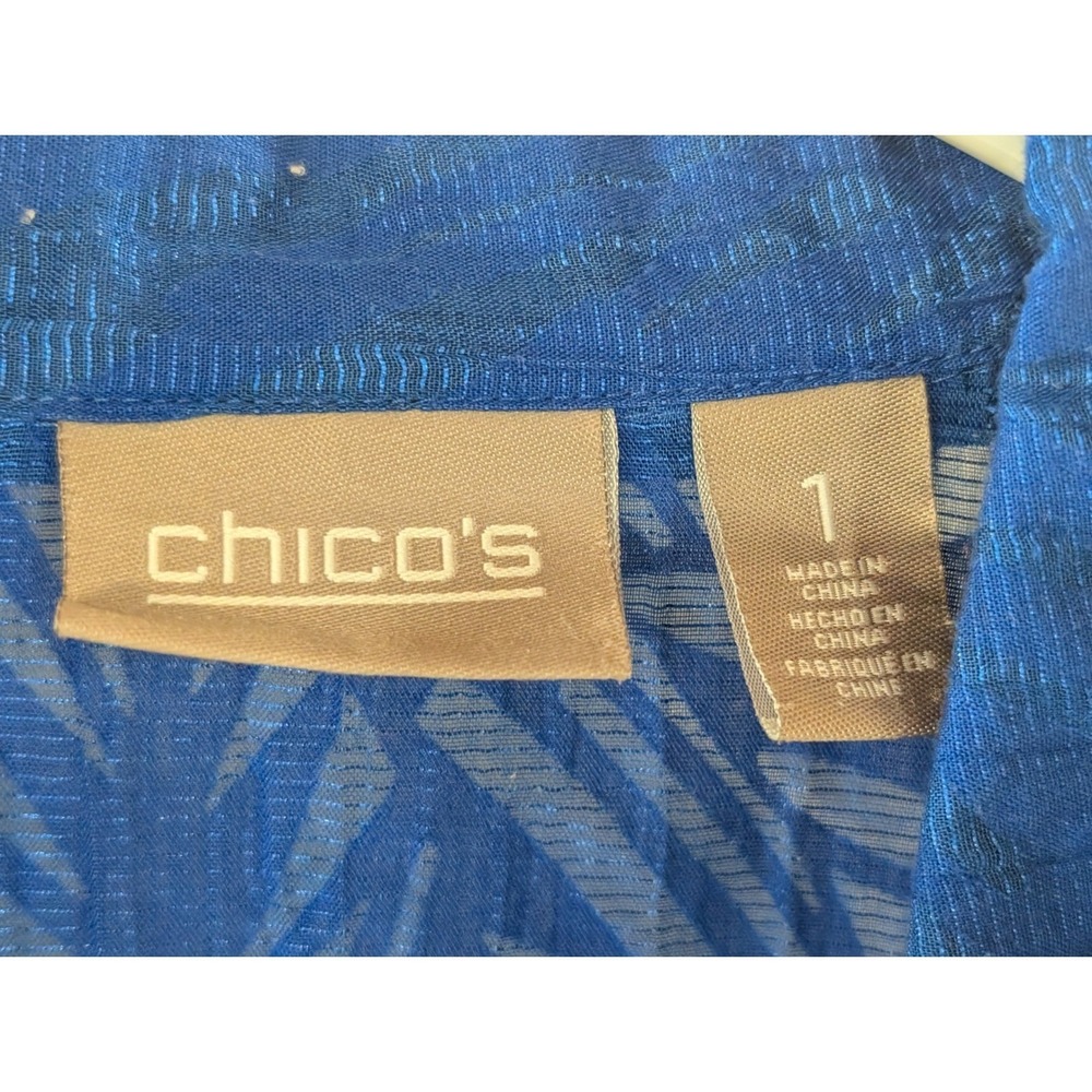 Chico's Royal Blue Sheer Palm Print Full Zip Long Sleeve Shirt - Picture 6 of 8